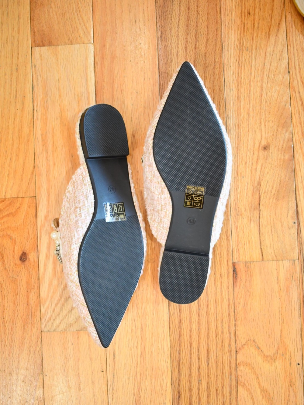 Pink Tweed Pointed-Toe Slip-On Flat Mule Slides Pearl/Jeweled Embellished - Picture 4 of 5